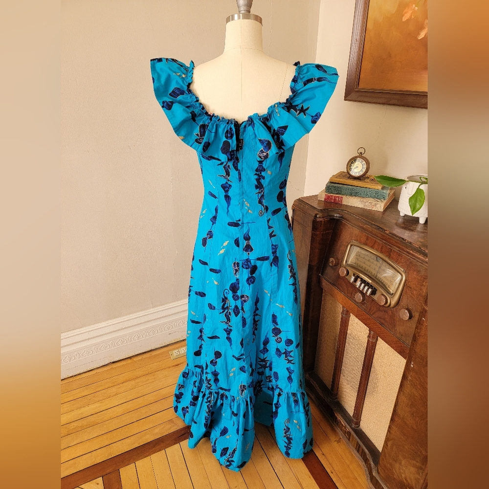 Vintage Blue Hawaiian Mid Century Seahorse Print Maxi Dress Ruffle Medium - Picture 8 of 11